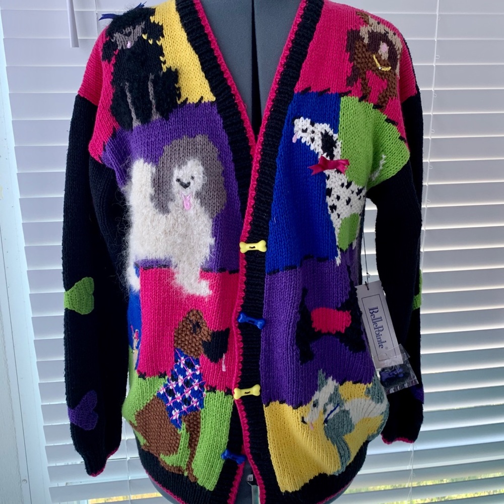 🟢Dog Love Sweater button down V-neck Cardigan new Embellished Colorful Valentine